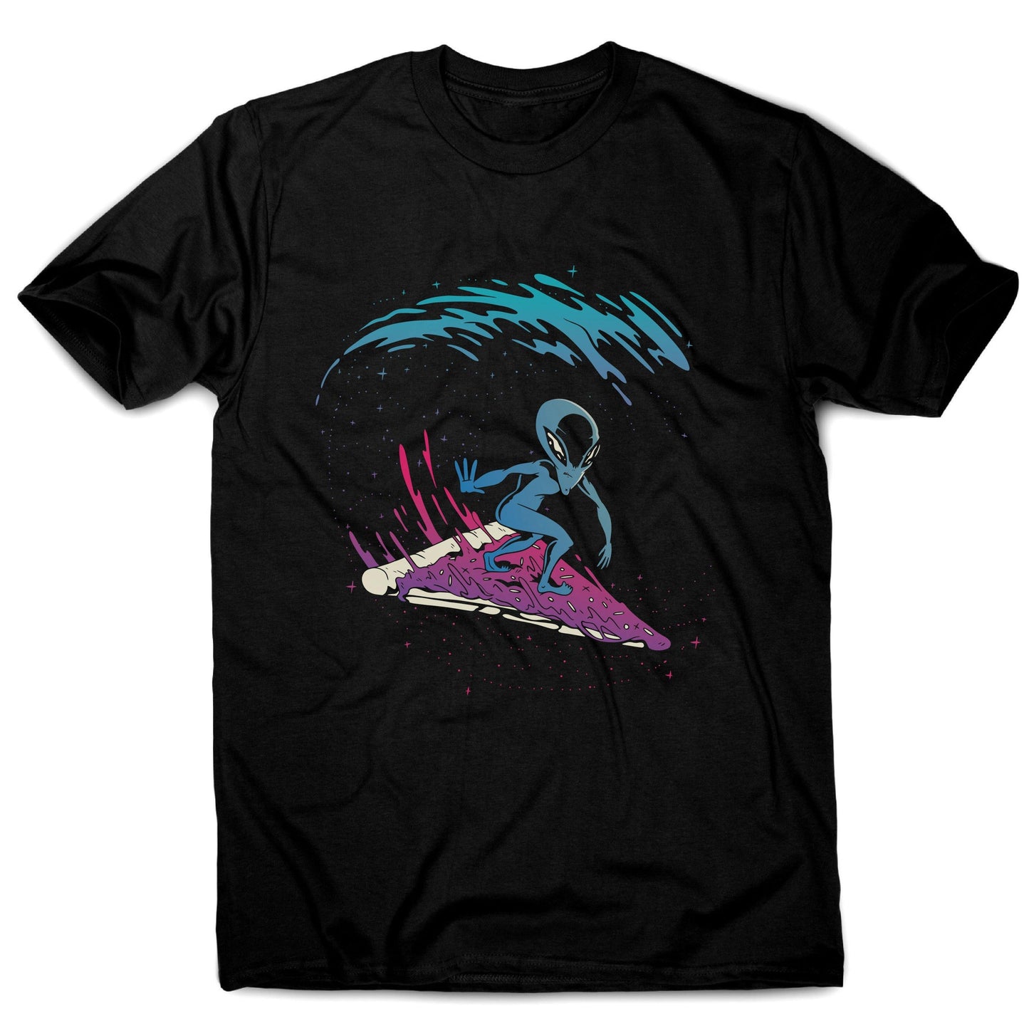 Pizza surfing alien funny illustration men's t-shirt