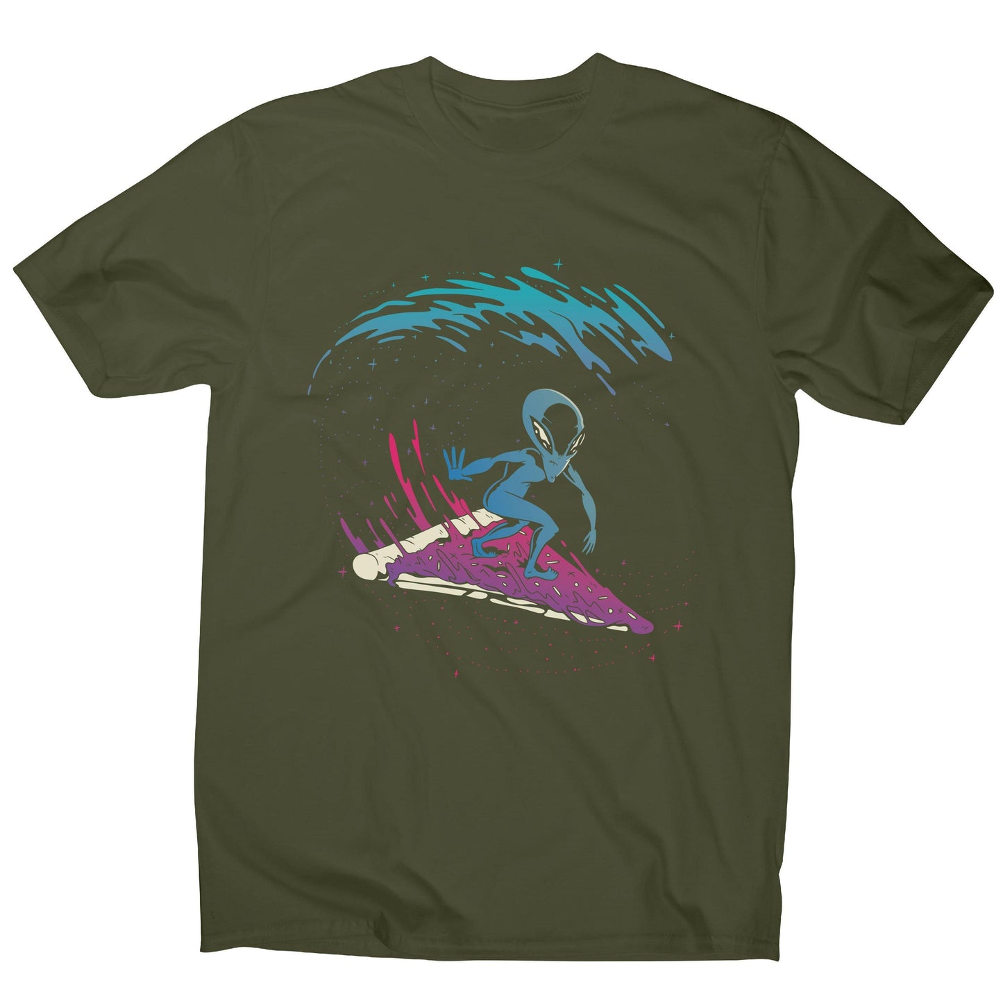 Pizza surfing alien funny illustration men's t-shirt