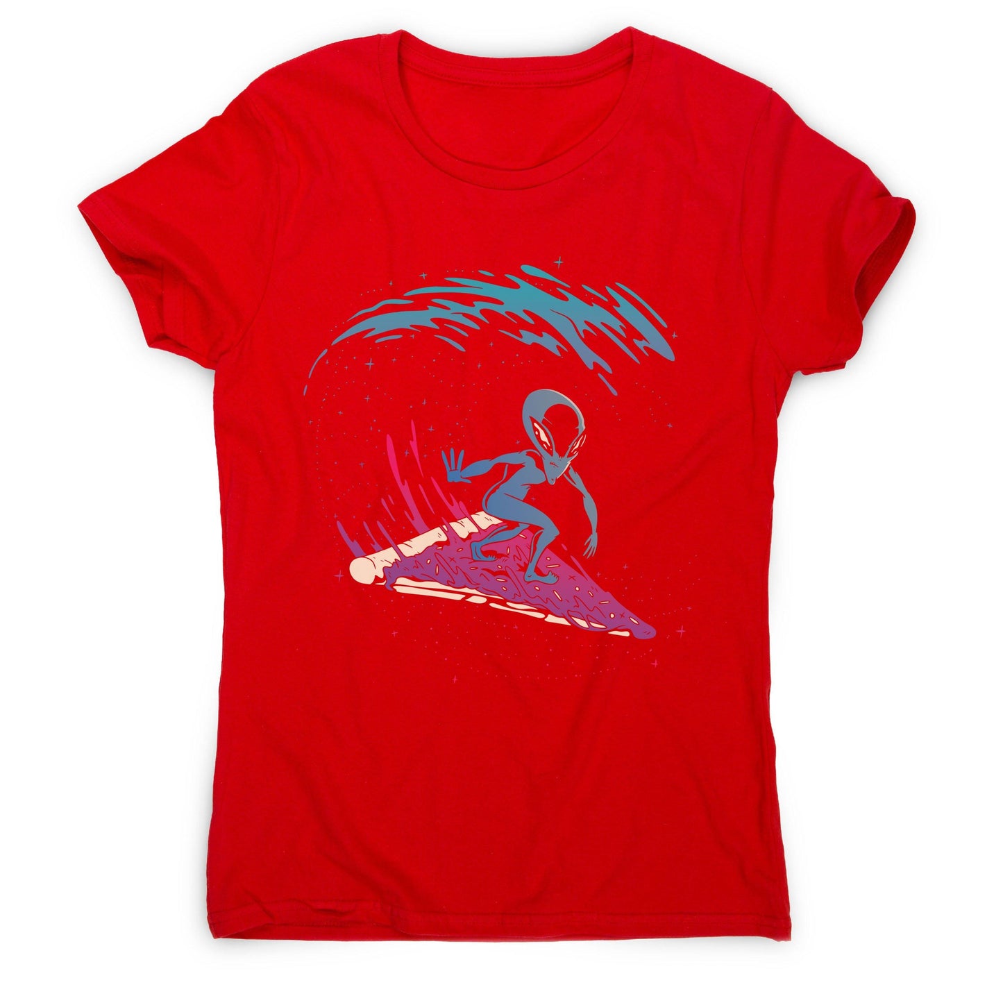 Pizza surfing alien funny illustration women's t-shirt
