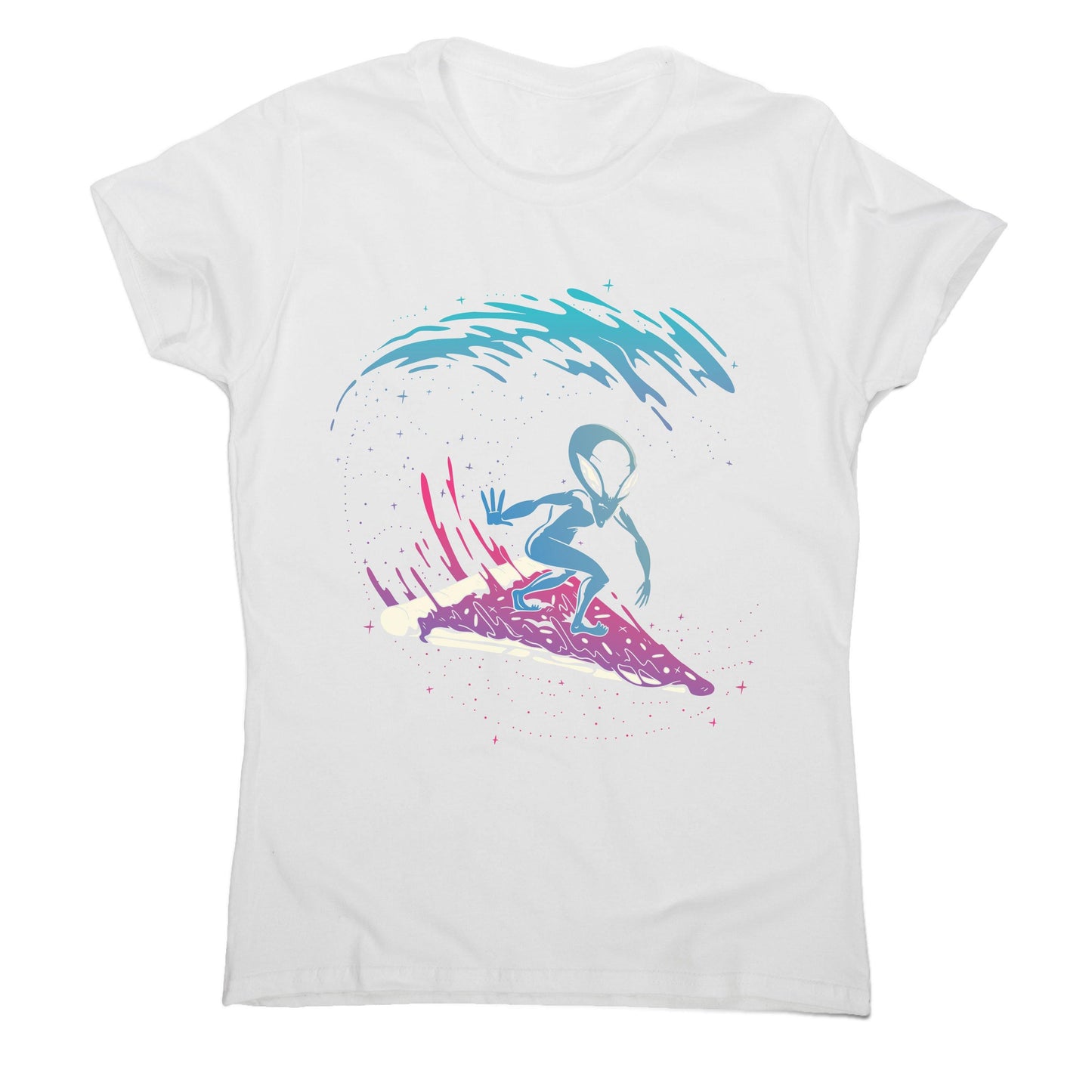 Pizza surfing alien funny illustration women's t-shirt