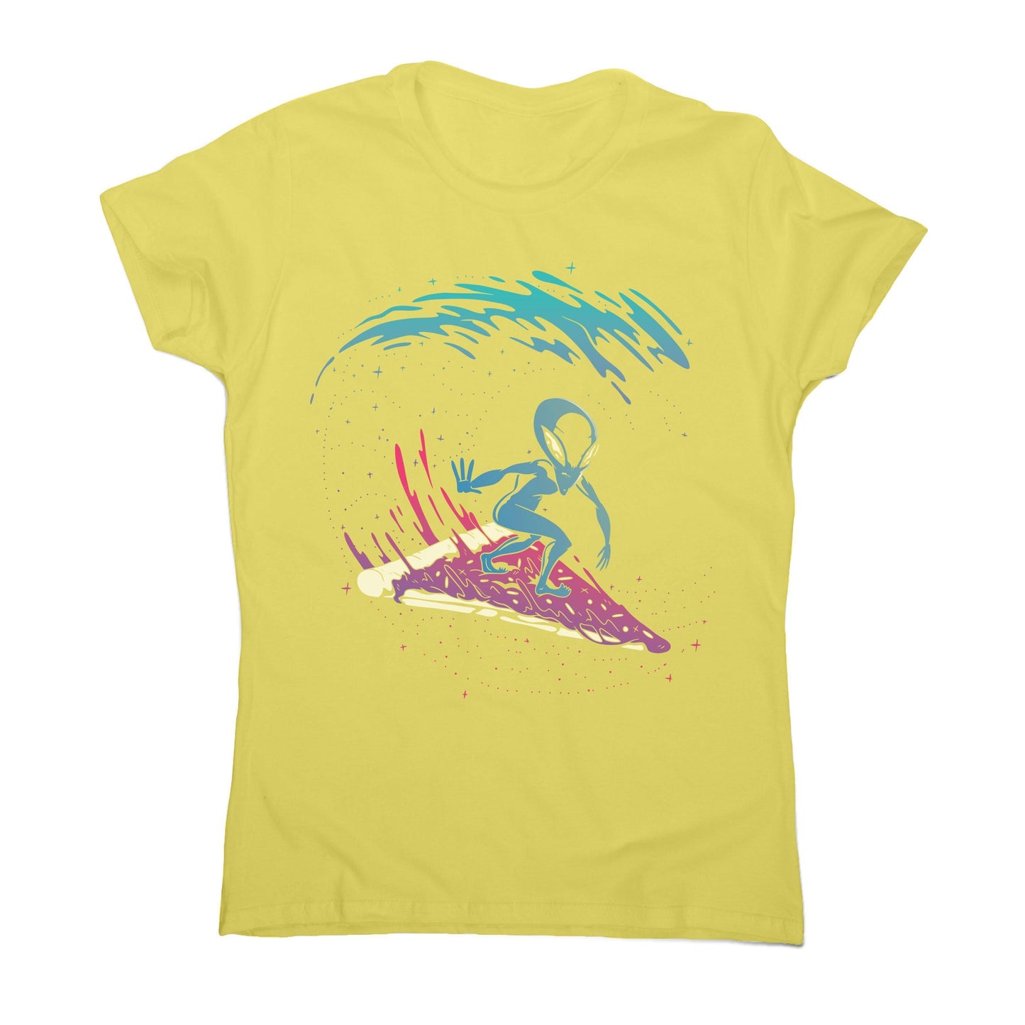 Pizza surfing alien funny illustration women's t-shirt