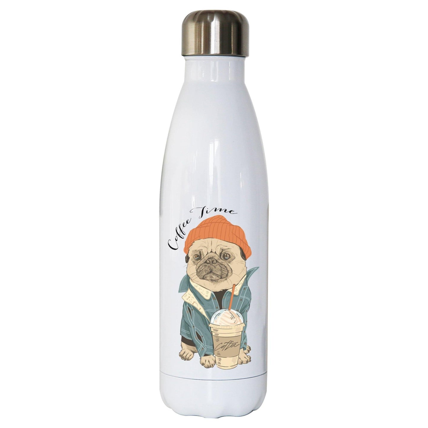 Coffe time pug funny design water bottle stainless steel reusable