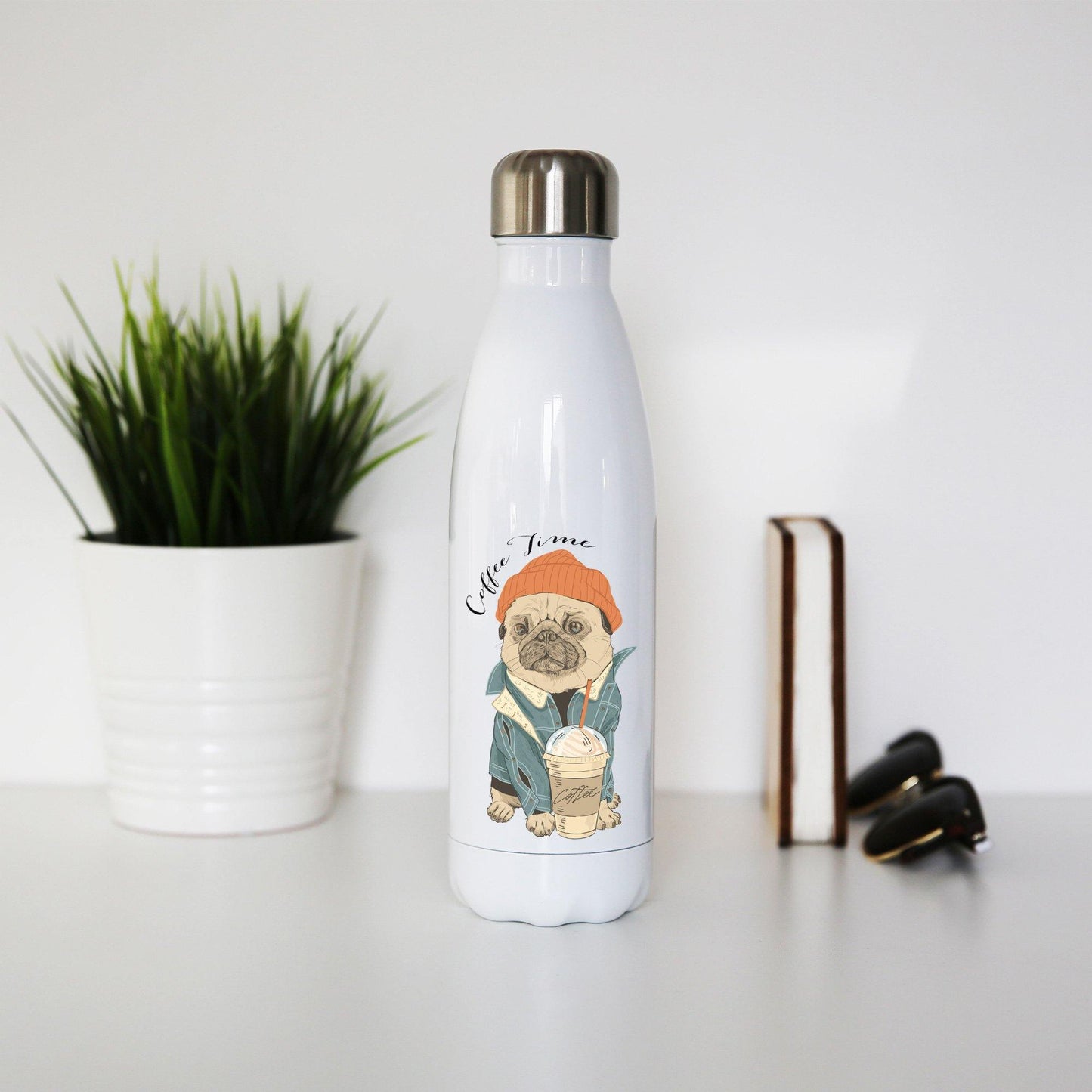 Coffe time pug funny design water bottle stainless steel reusable