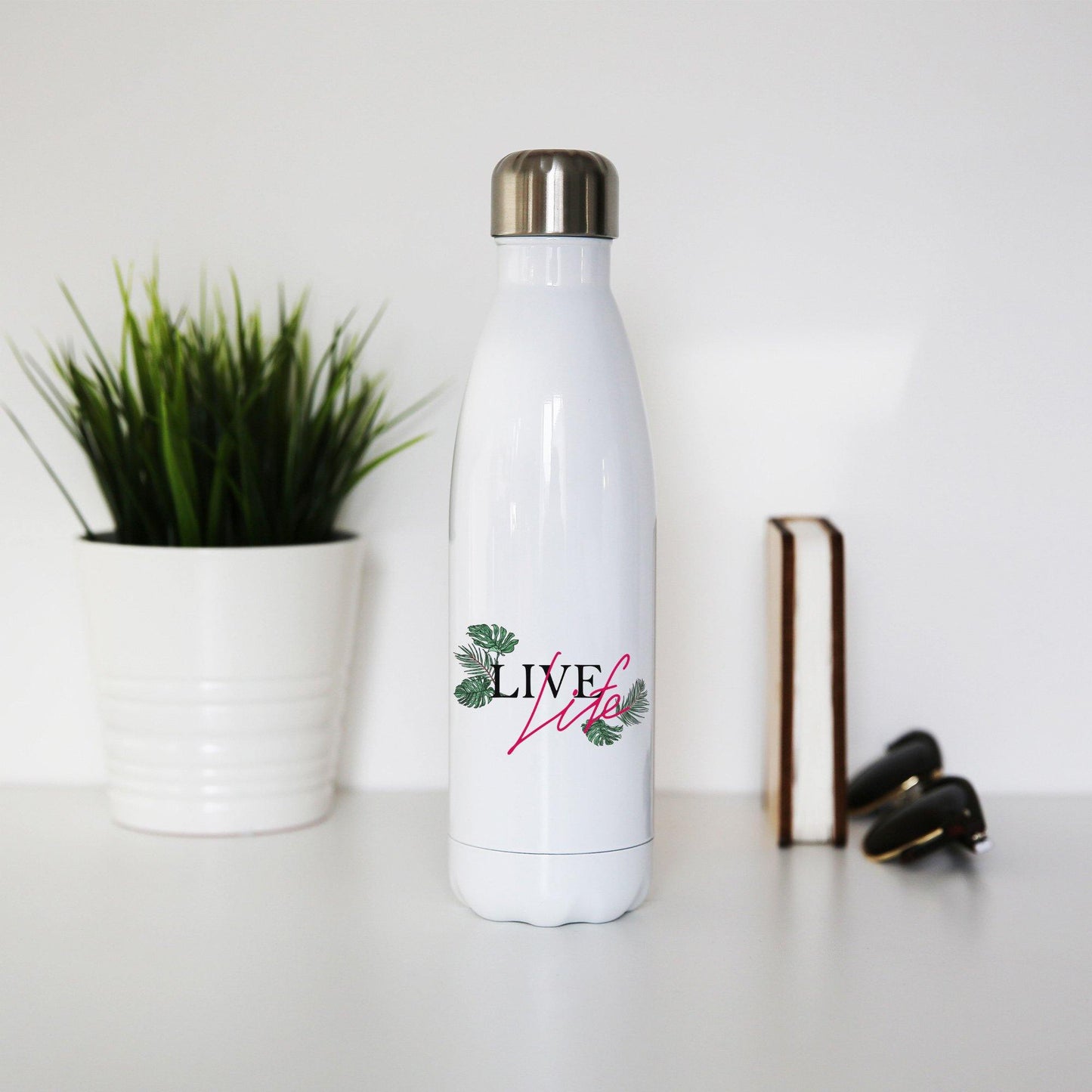 Live life inspirational motivational graphic design water bottle stainless steel reusable
