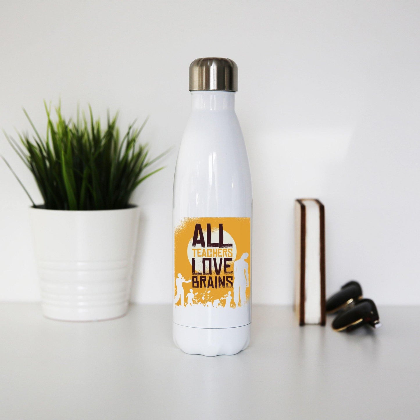 Teacher loves brains zombie funny water bottle stainless steel reusable