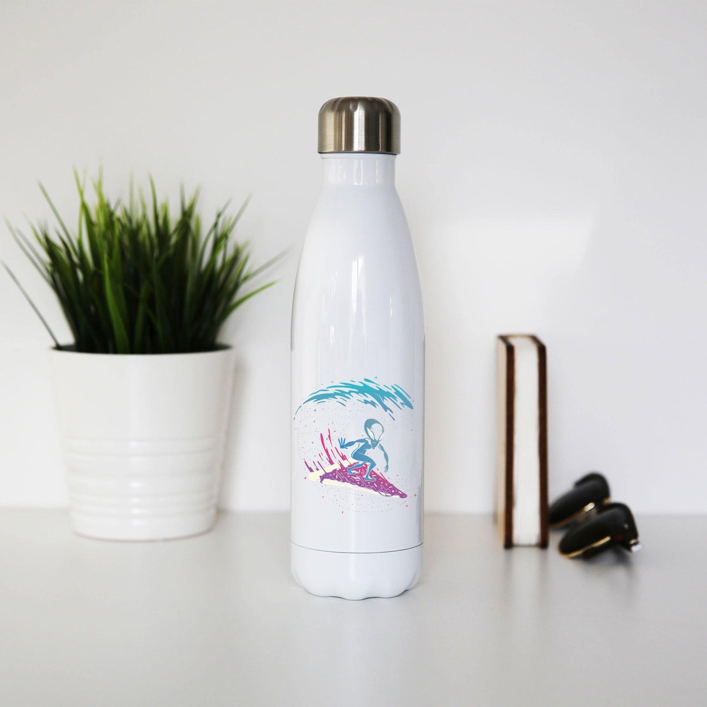 Pizza surfing alien funny illustration water bottle stainless steel reusable