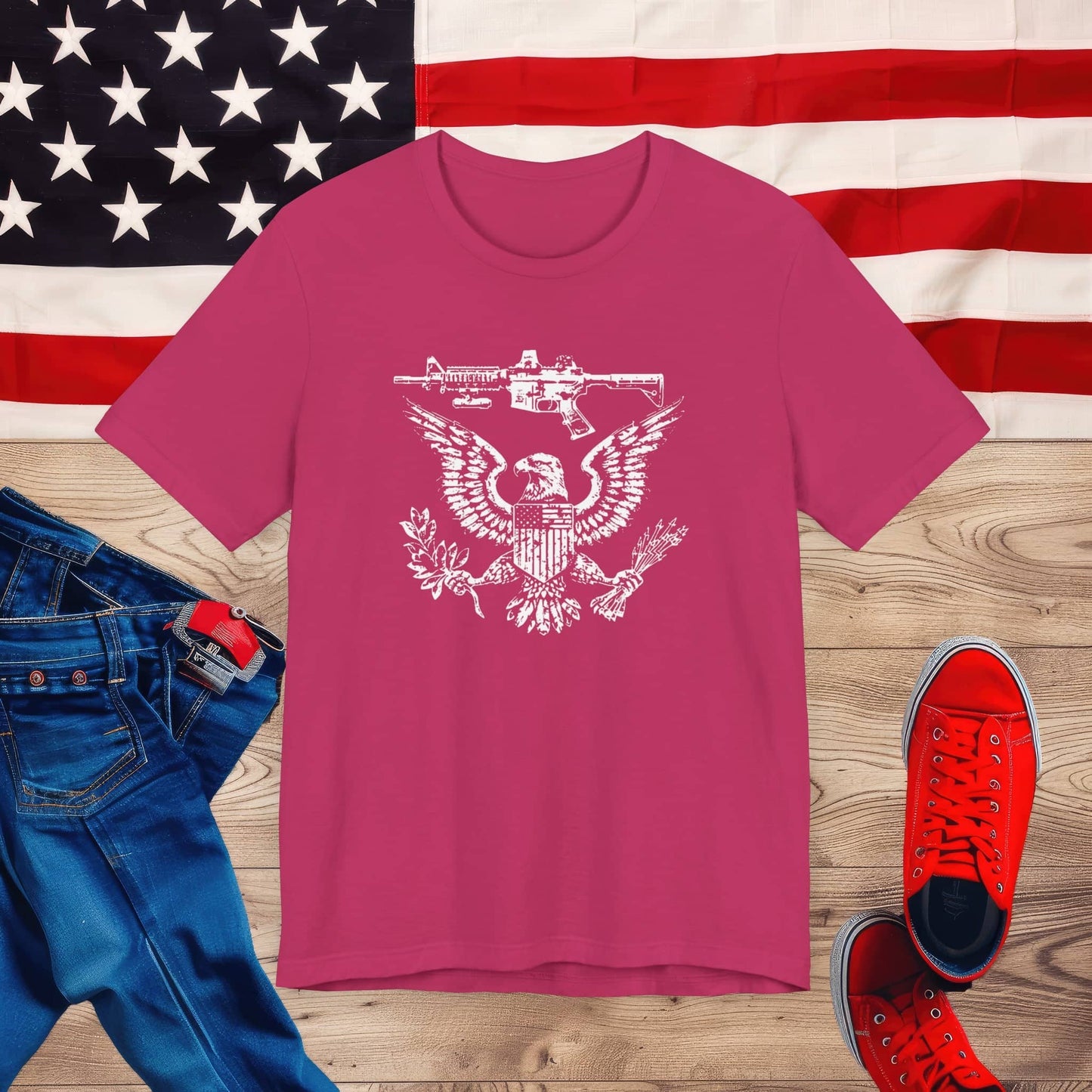 Patriotic Eagle and Rifle T-Shirt, American Flag Inspired Military Graphic Tee, Bold Eagle & Rifle Design, Proud USA Themed Apparel Unisex Jersey Short Sleeve Tee