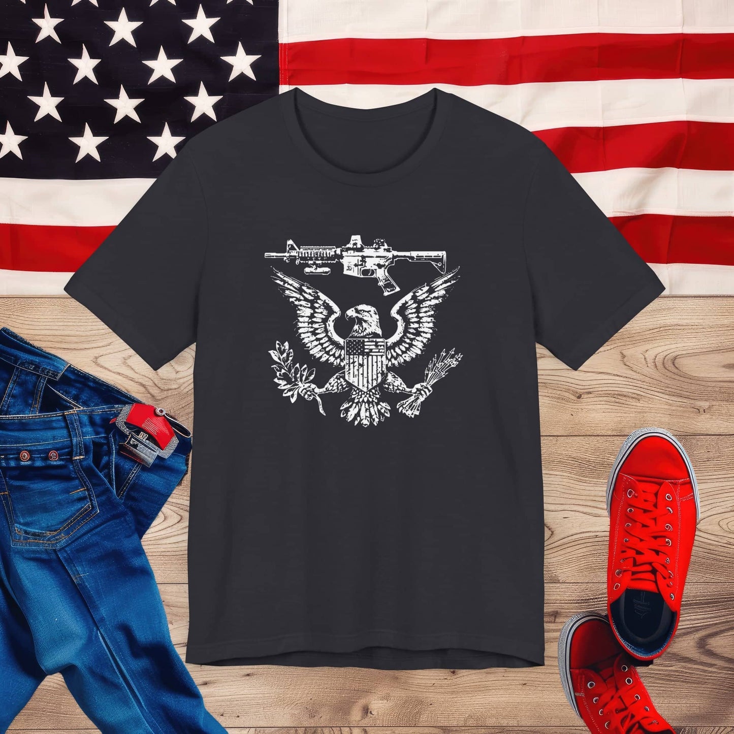 Patriotic Eagle and Rifle T-Shirt, American Flag Inspired Military Graphic Tee, Bold Eagle & Rifle Design, Proud USA Themed Apparel Unisex Jersey Short Sleeve Tee