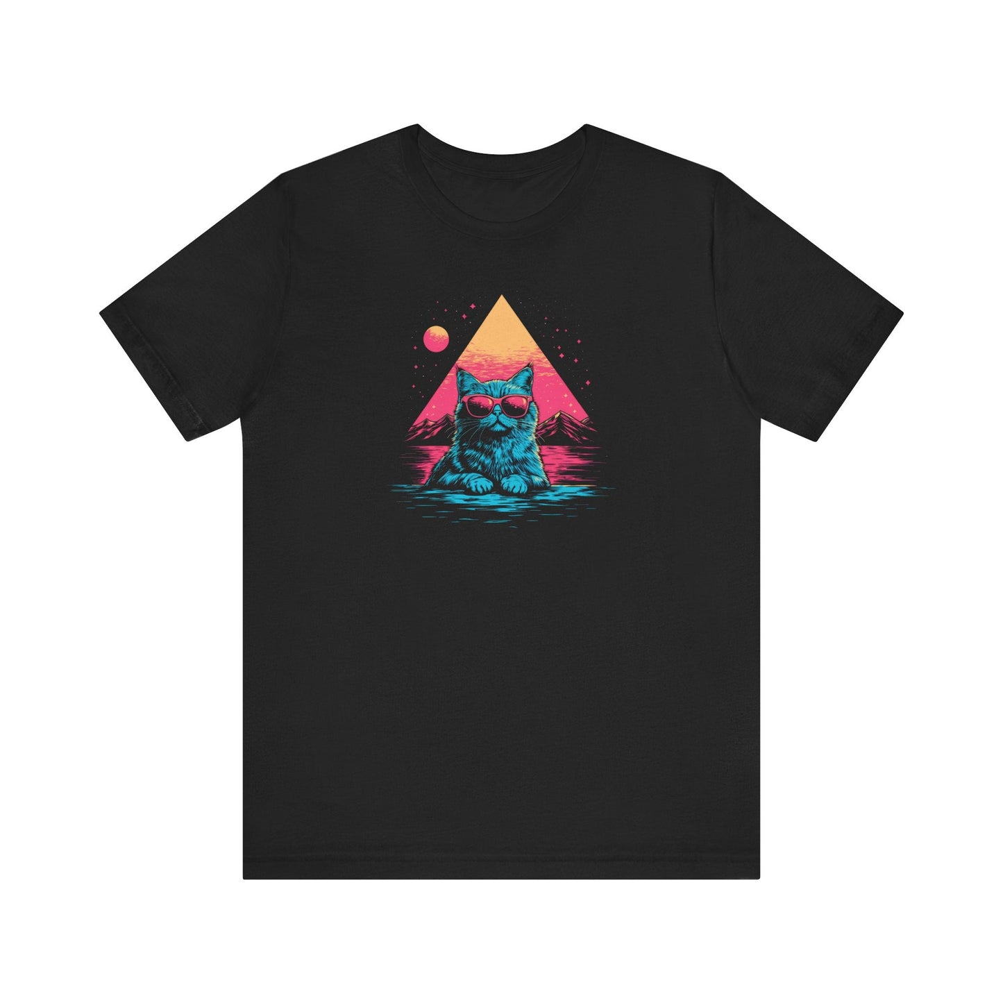 Retro Sunset Cat Graphic Tee – Cool Neon Vibes Cat Lover Shirt