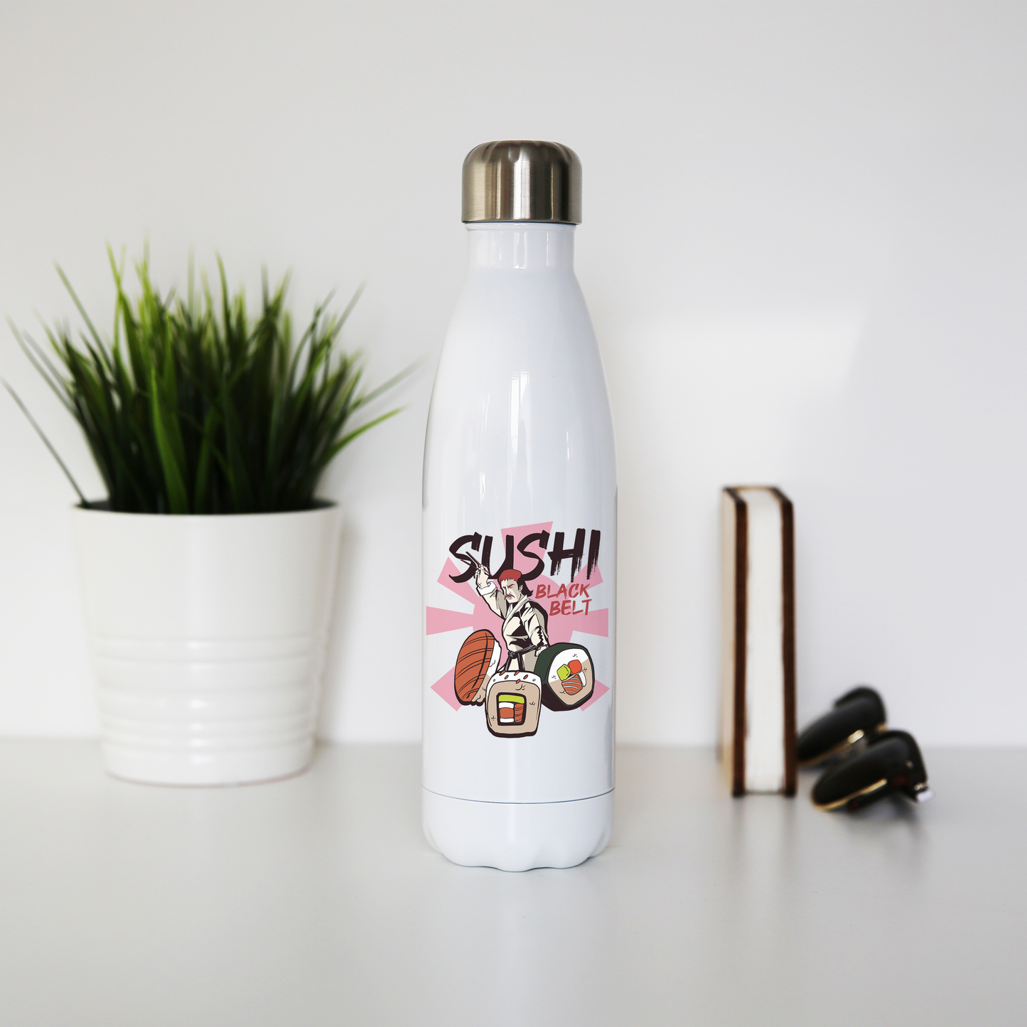 Sushi black belt funny water bottle stainless steel reusable