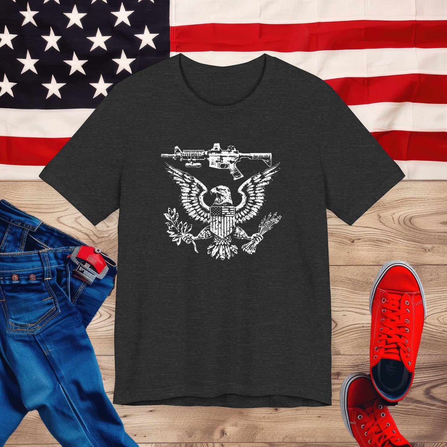Patriotic Eagle and Rifle T-Shirt, American Flag Inspired Military Graphic Tee, Bold Eagle & Rifle Design, Proud USA Themed Apparel Unisex Jersey Short Sleeve Tee