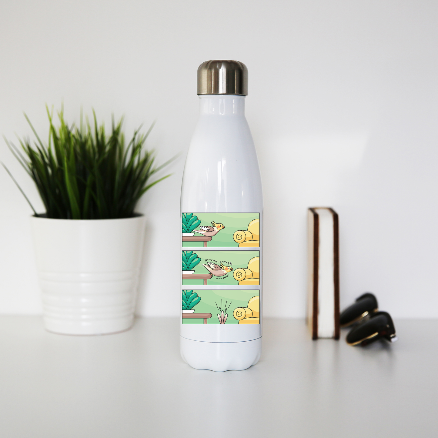 Cockatiel comic strip water bottle stainless steel reusable