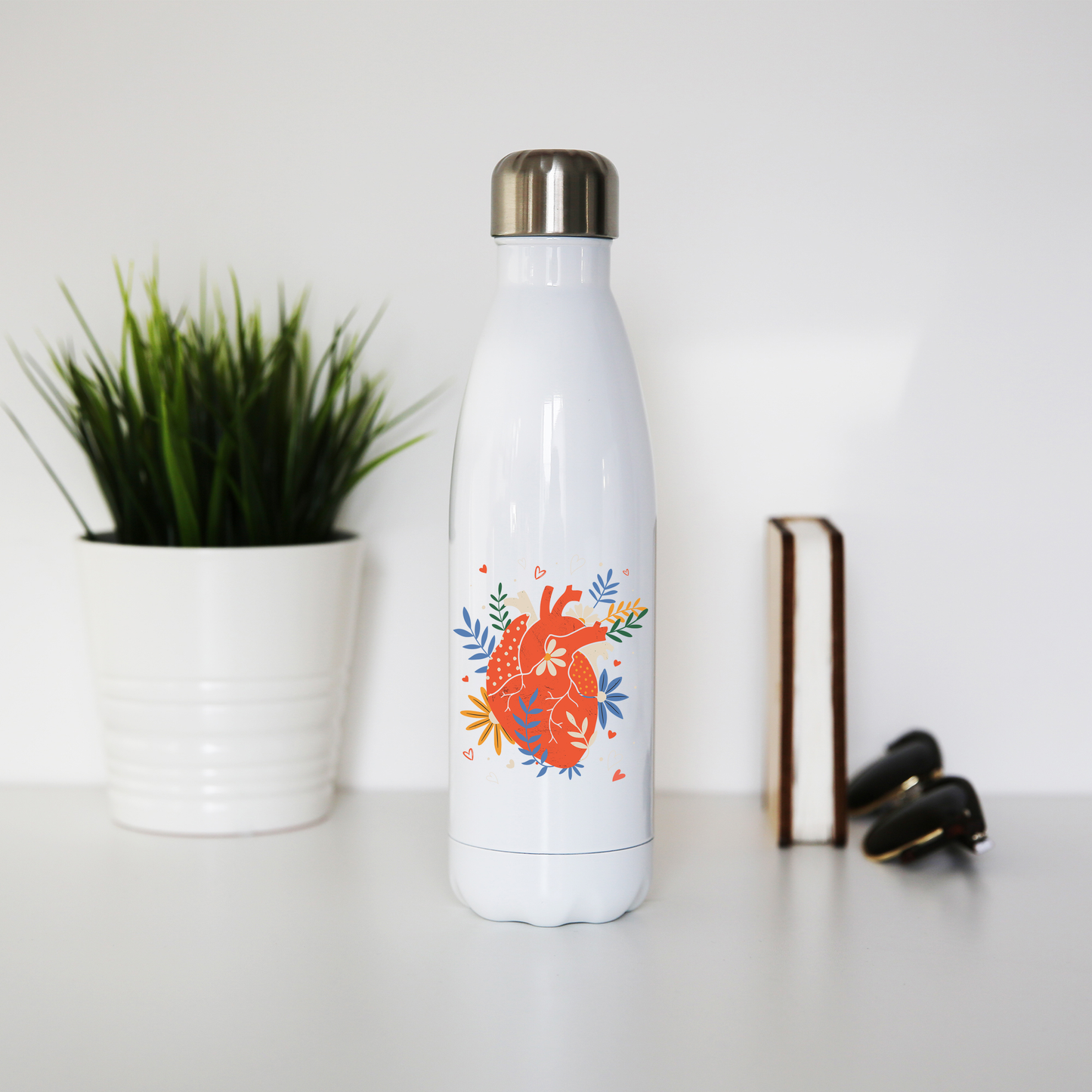 Floral realistic heart water bottle stainless steel reusable