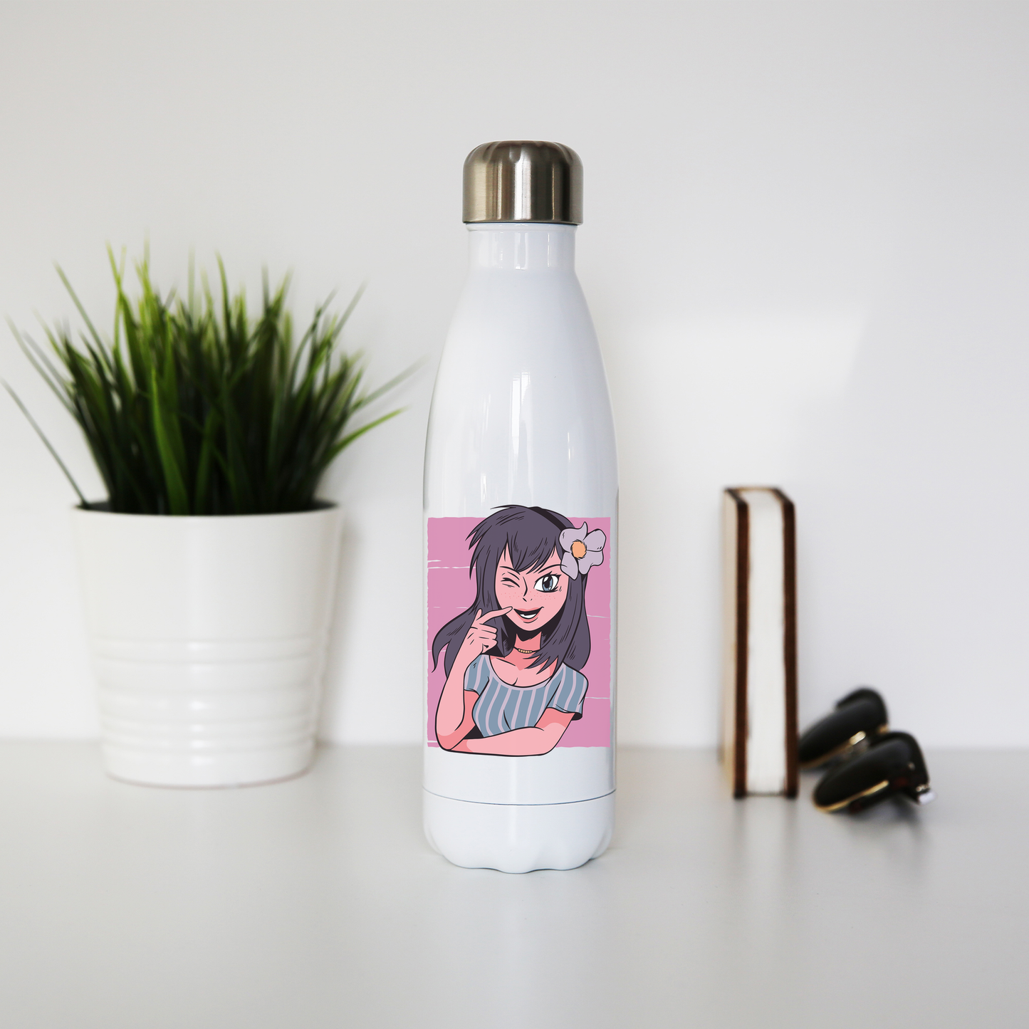 Flower anime girl water bottle stainless steel reusable