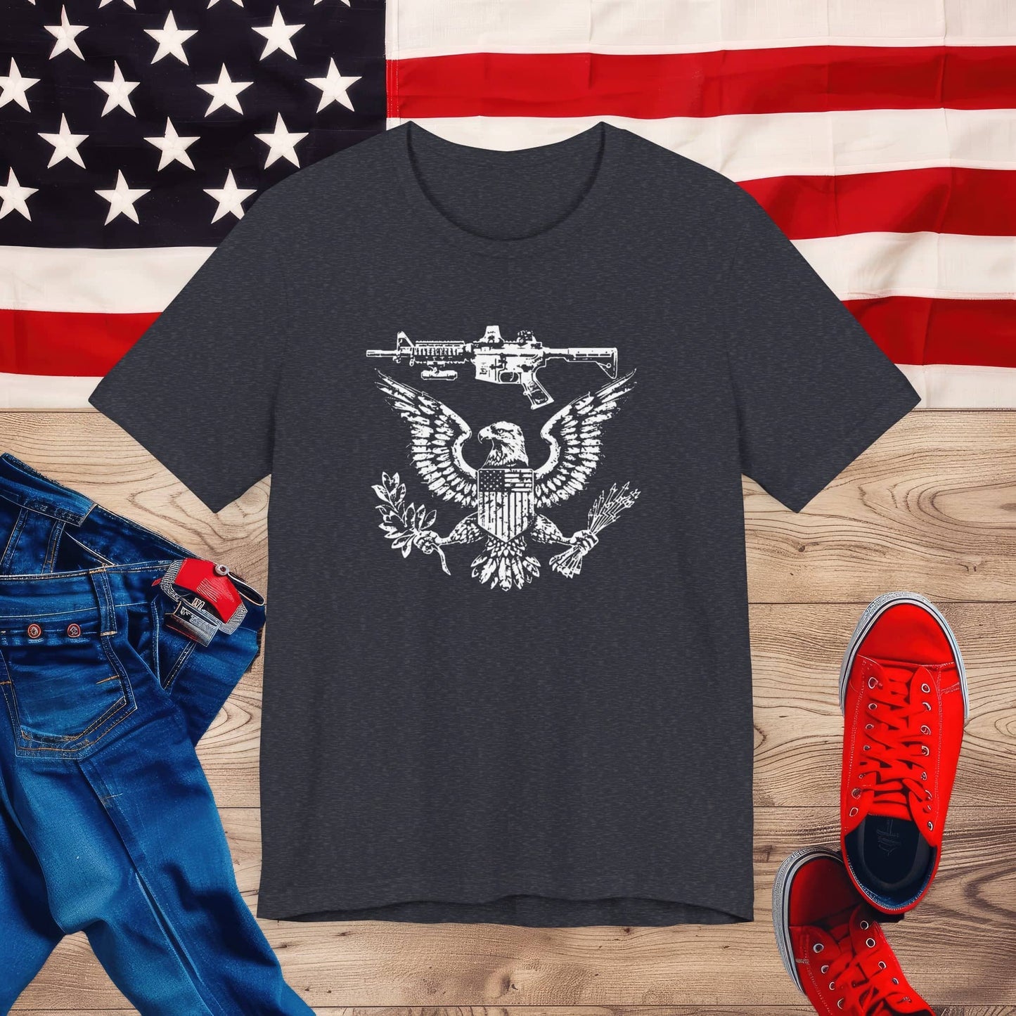 Patriotic Eagle and Rifle T-Shirt, American Flag Inspired Military Graphic Tee, Bold Eagle & Rifle Design, Proud USA Themed Apparel Unisex Jersey Short Sleeve Tee