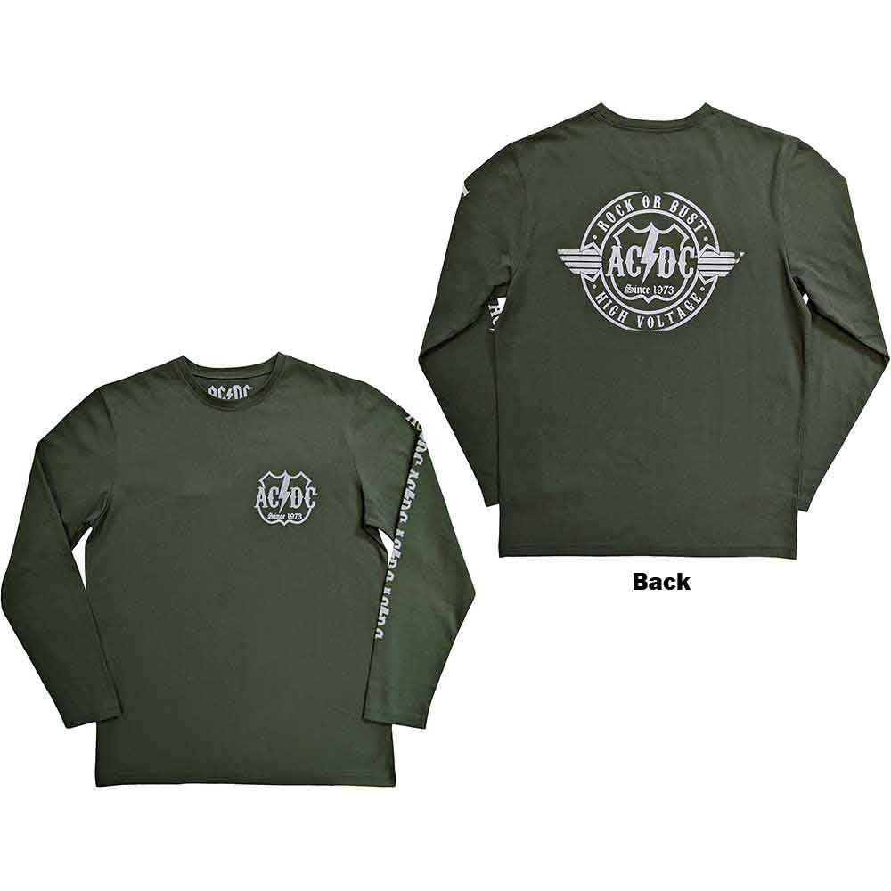 AC/DC Unisex Long Sleeve T Shirt - Rock or Bust (BACK & SLEEVE PRINT)