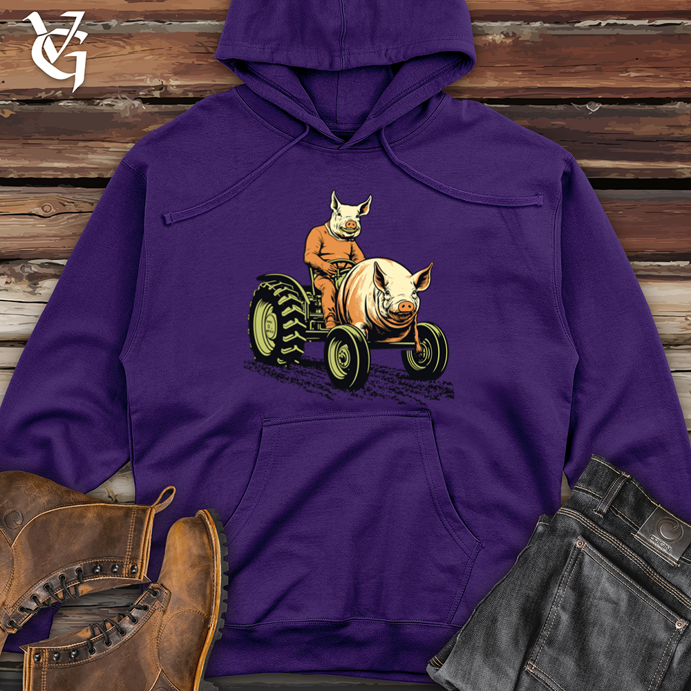 Vintage Tractor Riding Pig Midweight Hooded Sweatshirt