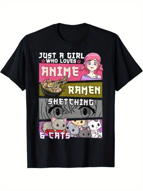 [100% Cotton] Ramen Cat Anime Sketch Graphic Tee - Unique Cartoon Design, Soft Black Men's T-Shirt for Anime Enthusiasts...