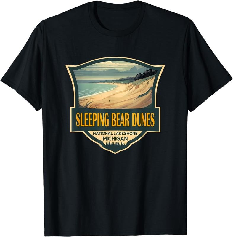 [100% Cotton] Sleeping Bear Dunes National Lakeshore Travel Retro Badge T-Shirt
