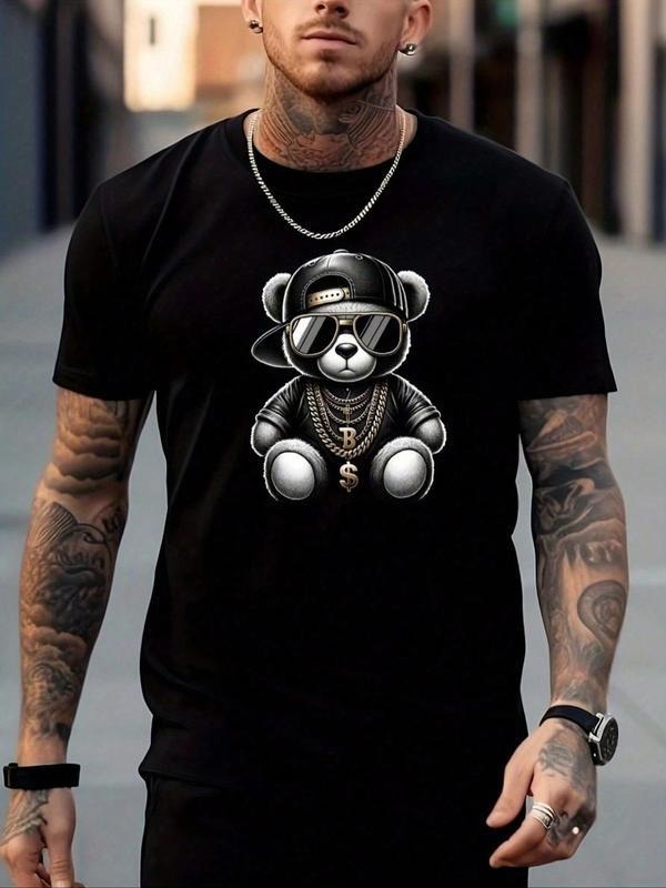 [100% Cotton] Regular Fit Cartoon Bear Print Round Neck Casual Streetwear Short Sleeve Daily Outdoor Clothes Summer T-Shirts, Hoodie, Sweatshirt