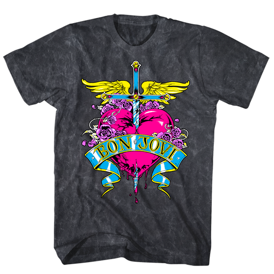 BON JOVI HEART VINTAGE MINERAL WASH BLACK  T-SHIRT