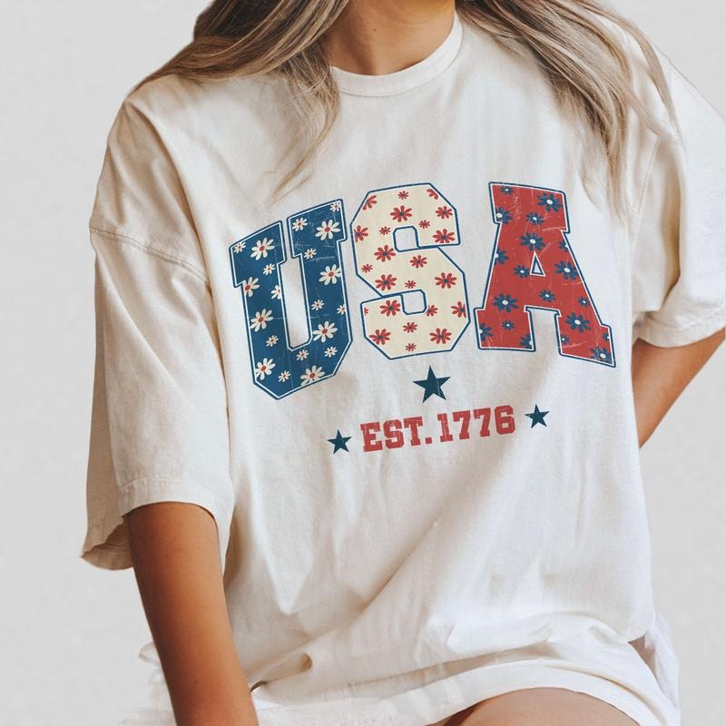 1776 America 4th of July Shirt, USA Floral Flowers Shirt, Comfort Shirt for Women, Retro America Shirt, 1776 Shirt, Comfort Oversized Tshirt, Independence Day Shirt for Her, Him, American Flag Tee, Fourth of July Shirt T-Shirt, July 4th Shirt, Women Top