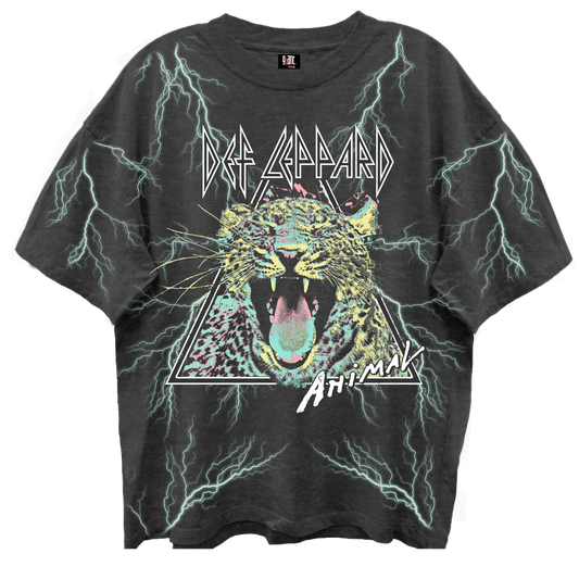 DEF LEPPARD ANIMAL ALL OVER PRINT VINTAGE BLACK ENZYME WASH T-SHIRT/GIANT VINTAGE T-SHIRT