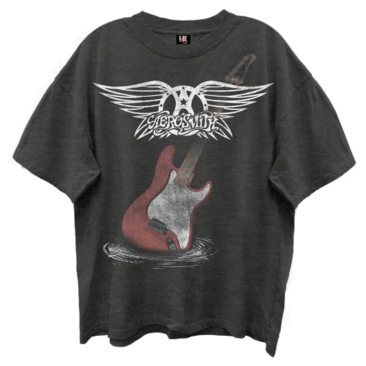 AEROSMITH GUITAR WINGS VINTAGE BLACK ENZYME WASH T-SHIRT/GIANT VINTAGE T-SHIRT
