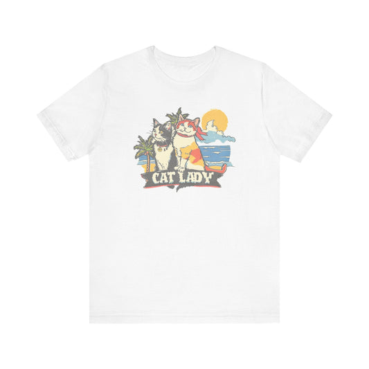 Cat Lady Beach T-Shirt - Fun Summer Feline Graphic Tee