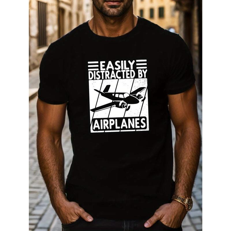 Airplane Print T-Shirts - Ultra-Soft, Relaxed Fit, Stretchy Crew Neck, Short Sleeve Tops for Men - Perfect for Outdoor Enthusiasts and Travelers with Unique Airplane Design Made in USA