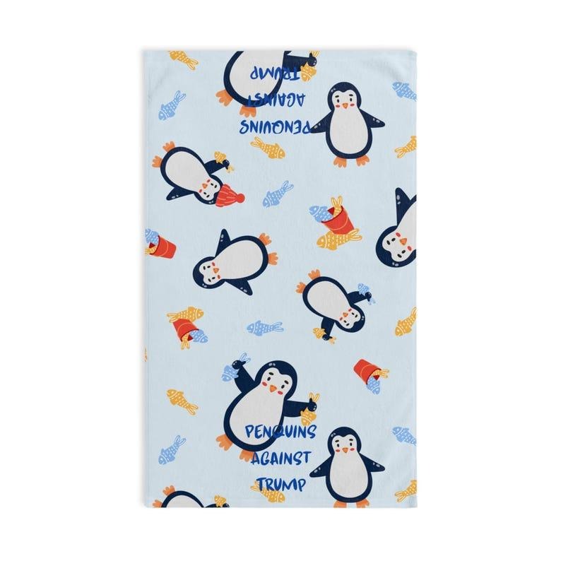 Anti-Trump Penquin Hand Towel Political Statement Kitchen Towel Resist Trump Impeach Trump Protest Towel Activist Gift Anti DOGE Anti Tariff