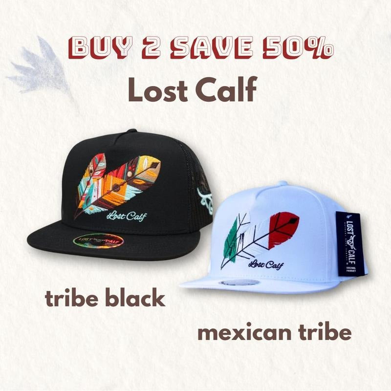 [BUY 2 SAVE 50%] Set 2 Western Hat, Lost Calf Mexico Color Feather White Cap, Lost Calf Colorful Feather Black Cap-Tribe