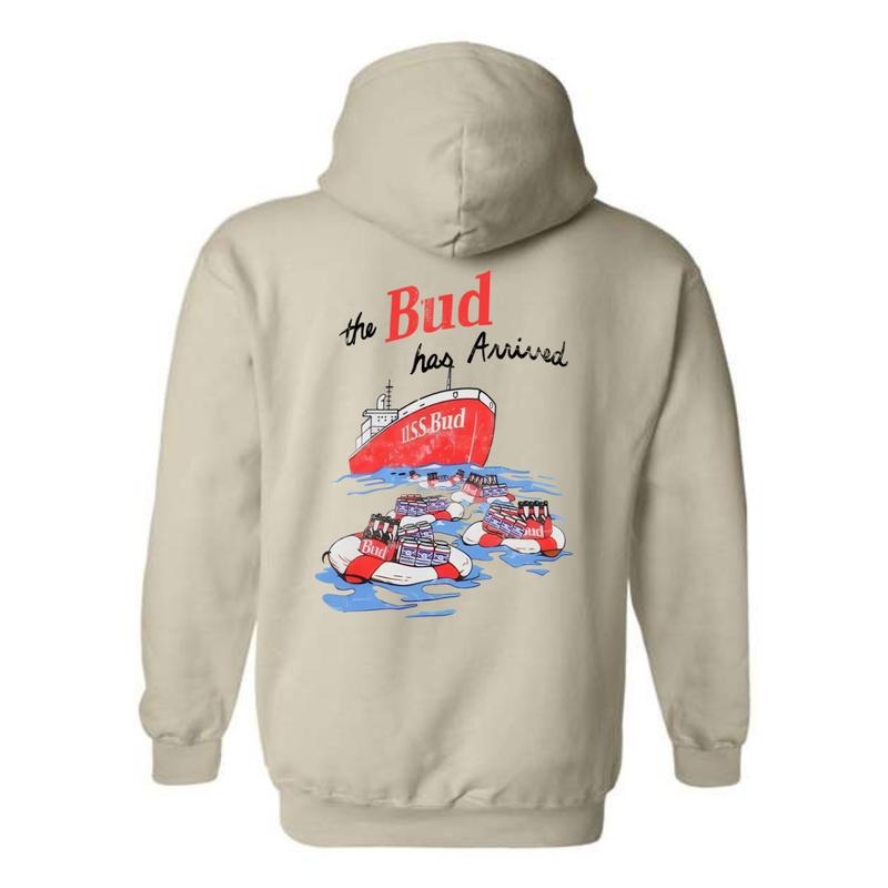 Budweiser Hoodie - USS Bud Ship and Life Raft Design, Perfect for Beer Lovers, Ideal for Casual Wear, Comfortable and Stylish Menswear Sweaters