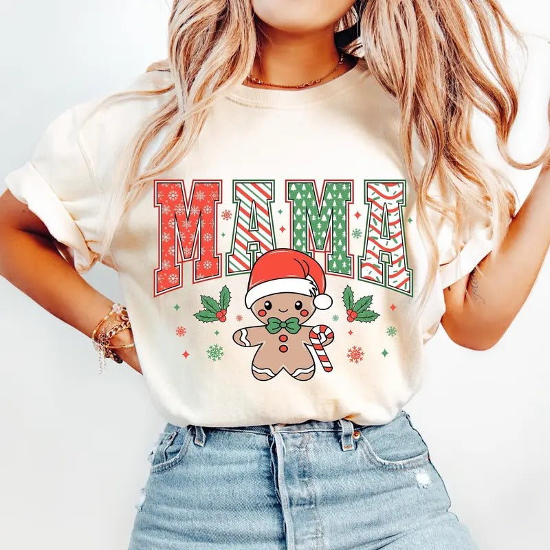 Christmas Mama T-Shirt, Retro Gingerbread Mama Claus Sweatshirt, Merry Mama Christmas Tree Cake Clothing, Mama Mini Holiday Candy Cane, Unisex Cotton Crewneck