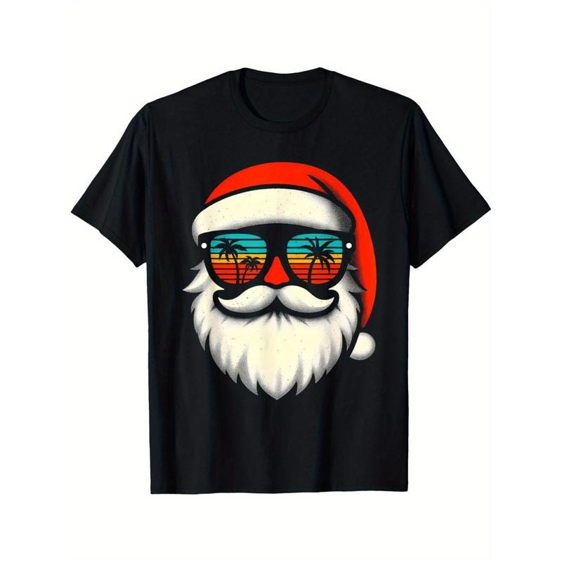 Christmas in July Santa Hat Sunglasses Beach Summer Vacation T-Shirt for Men Women, Christmas Thanksgiving Birthday T-Shirt Gift for Men Women Dad Mom Friends, Soft Fabric Breathable Comfortable Short Sleeve Tees, 100% Cotton Made in USA