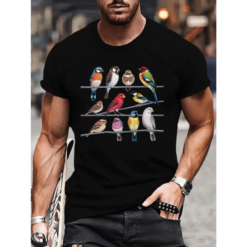 Colorful Birds Illustration Print Tee Shirt, Men's Comfy Round Neck Short Sleeve T-shirt, Summer Top For Outdoor Wear Made in USA
