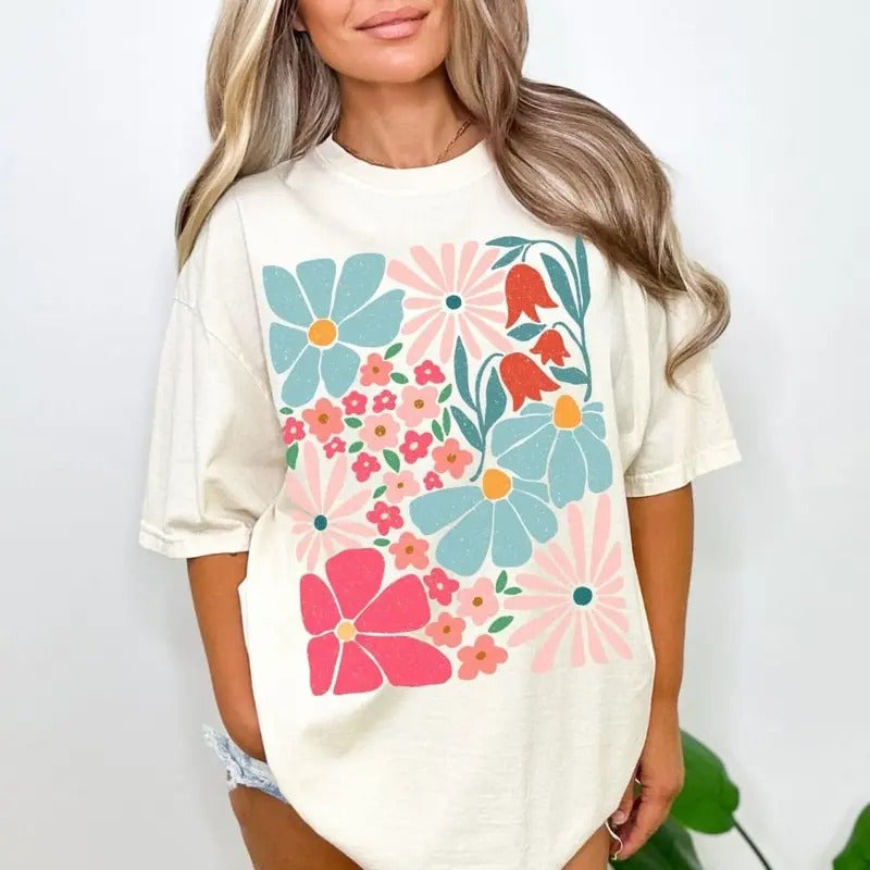 Comfort Colors Colorful Retro Flowers Tee, Groovy Floral Tee, Perfect Spring Tee, Colorful Summer Tee, Flowers Shirt, Abstract Flowers Tee