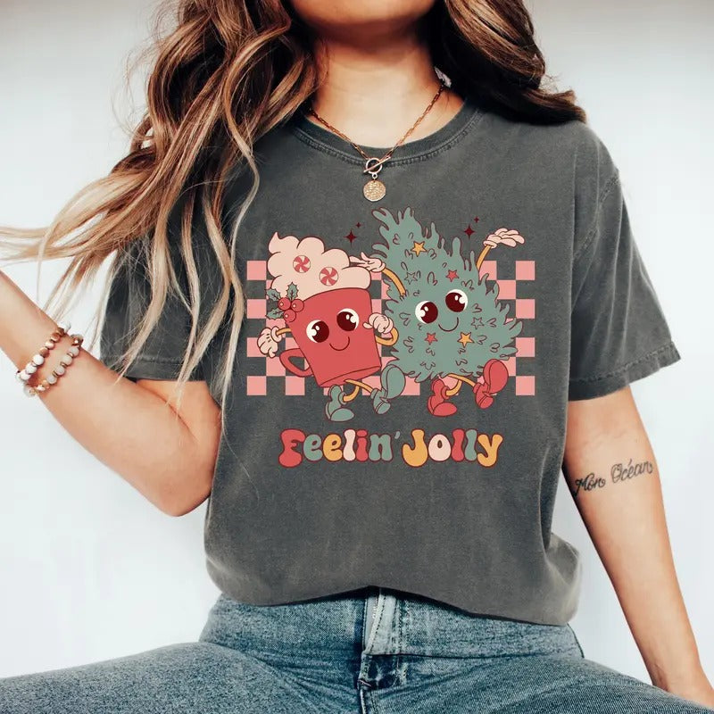 Comfort Colors Feelin' Jolly Christmas Shirt, Retro Christmas Holiday T-shirt, Christmas Tree Family Tee, Cozy Outfit Gift
