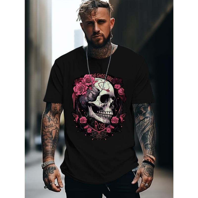 Comfy Skull & Rose Graphic Print Short Sleeve T-Shirts - Men's Casual Crew Neck Tops for Outdoor Activities - Soft, Breathable, Elastic Fabric, Perfect for Hiking, Camping, and Travel Made in USA
