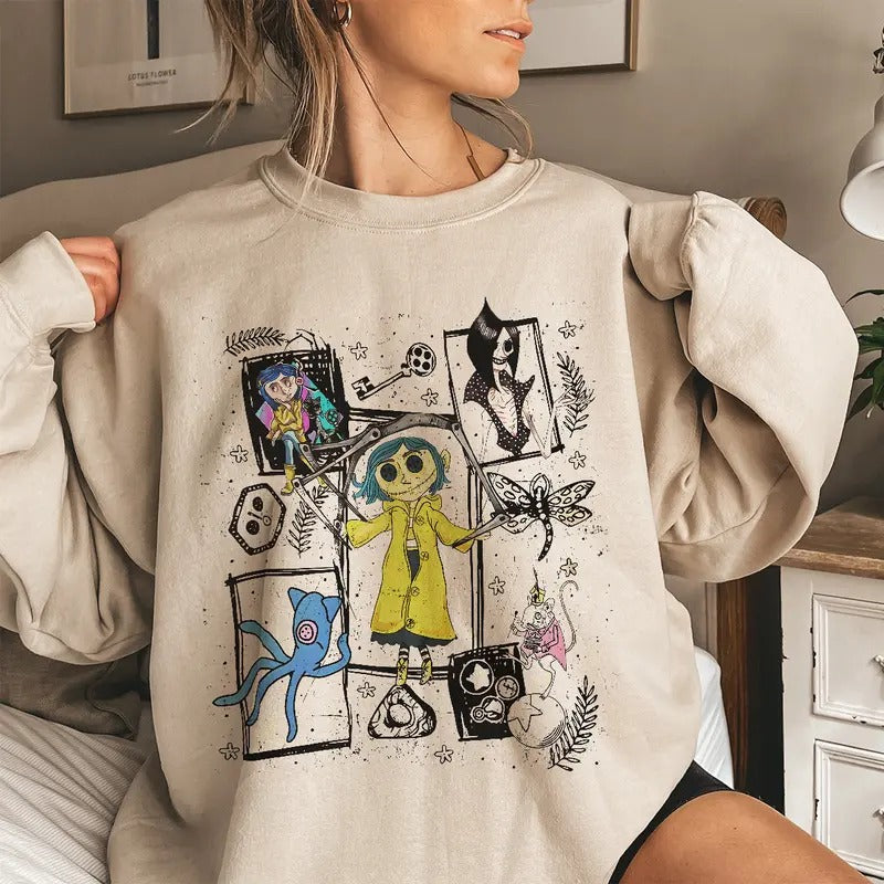 Coraline Dreaming Colorful Shirt, Horror Coraline movies, Horror Character Shirt, Halloween Crewneck Sweatshirtstyle{n002}2