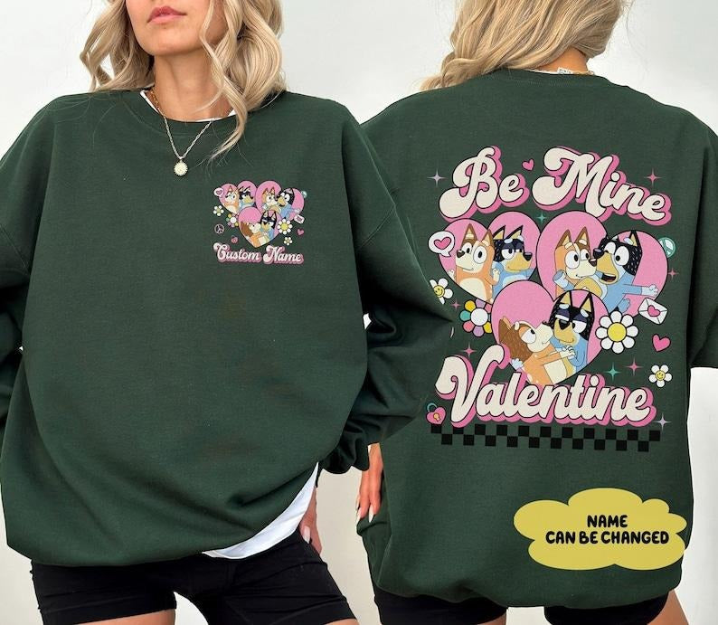 Custom Name, Bluey Mum Dad Shirt, Bandit And Chilli Bluey Be Mine Valentine Shirt, Retro Bluey Family Shirts, Bandit Heeler Shirt, Bandit Chili Bingo, Valentine Trending
