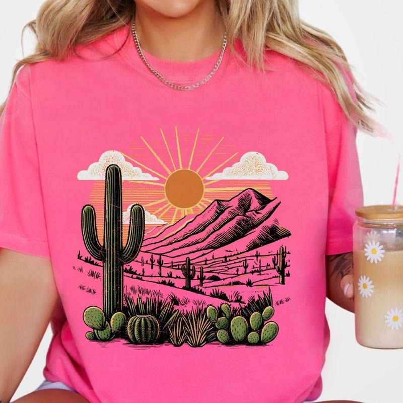 Desert Sunrise Shirt, Summer Tee, Cactus Plants, Cowgirl Shirt, Cactus Scene Shirt, Trendy Shirt, Retro Shirt For Women, Travel Shirt, Nature Lover Shirt, Women's Tops, Wild West Shirt, Vintage Tee, Plant Shirt