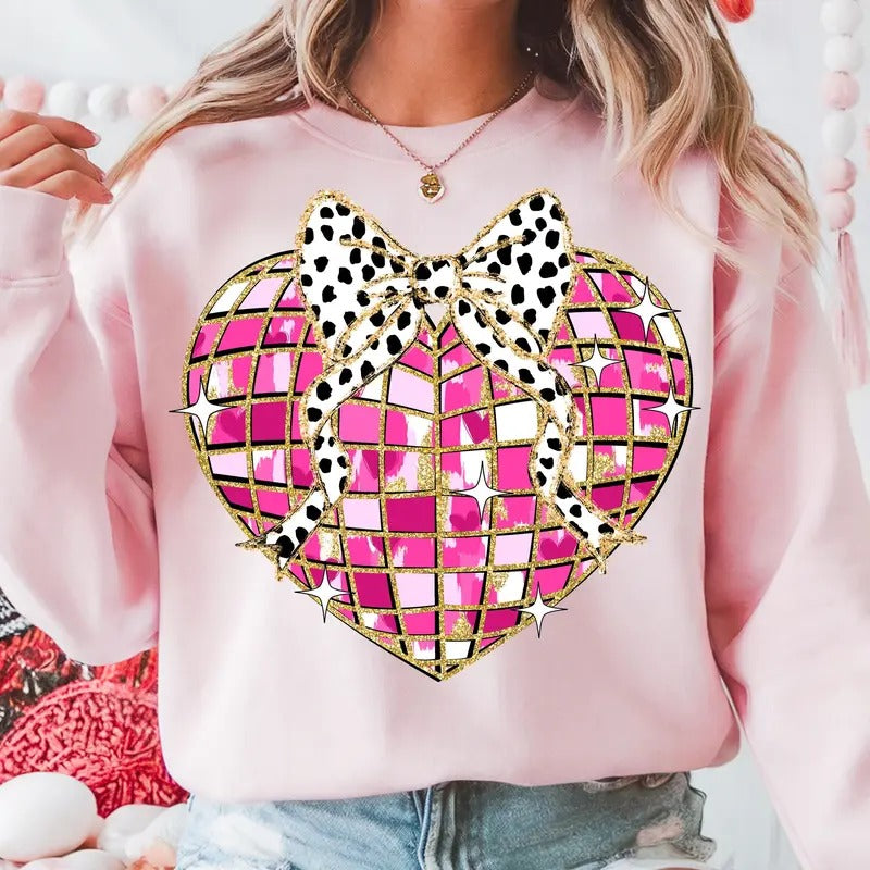 Disco Valentine Coquette Bow Heart T-Shirt, Glitter Valentine Heart Sweatshirt, Valentine's Day Crewneck
