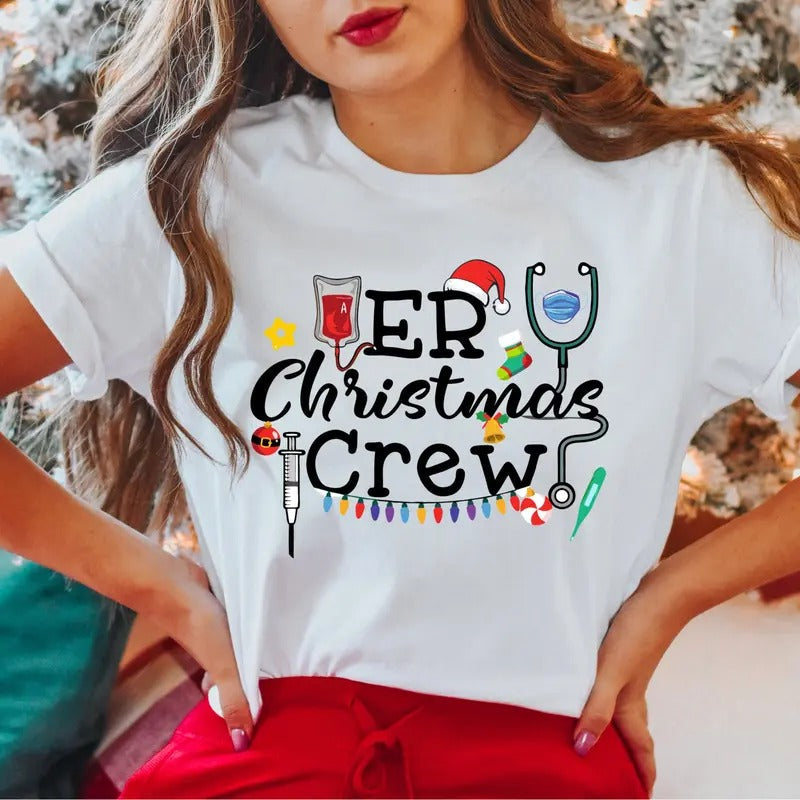 ER Christmas Crew T-Shirt, Emergency Crew Shirt, Christmas Nurse Tee, Santa Hat Nurse Gift Tee, Christmas Nurse Holiday Shirt, Xmas Nursing T-Shirt.