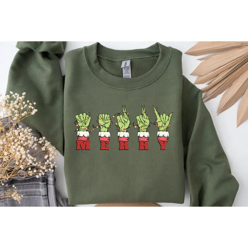 Green Hand Asl Merry Christmas Sign Language Shirt Green Face Shirt Funny Christmas Sweatshirt Family Christmas Party Tee Best Gift