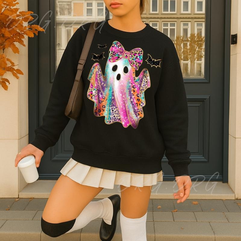 Halloween Party Sweatshirt, Cute Rainbow Ghost Graphic Hoodir, Colorful Bow Spirit Top, Spooky Fall Outfit for Women