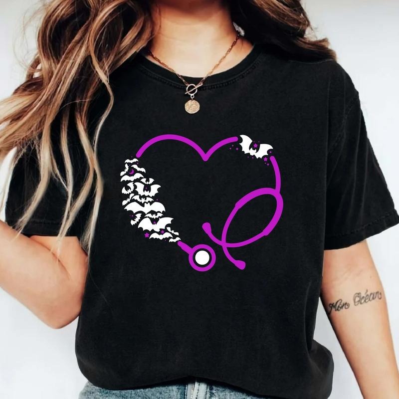 Halloween Stethoscope T-Shirt, Nurse Heart Stethoscope Shirt, Matching Doctors Halloween Gift Tee, Creepy Bats Tee