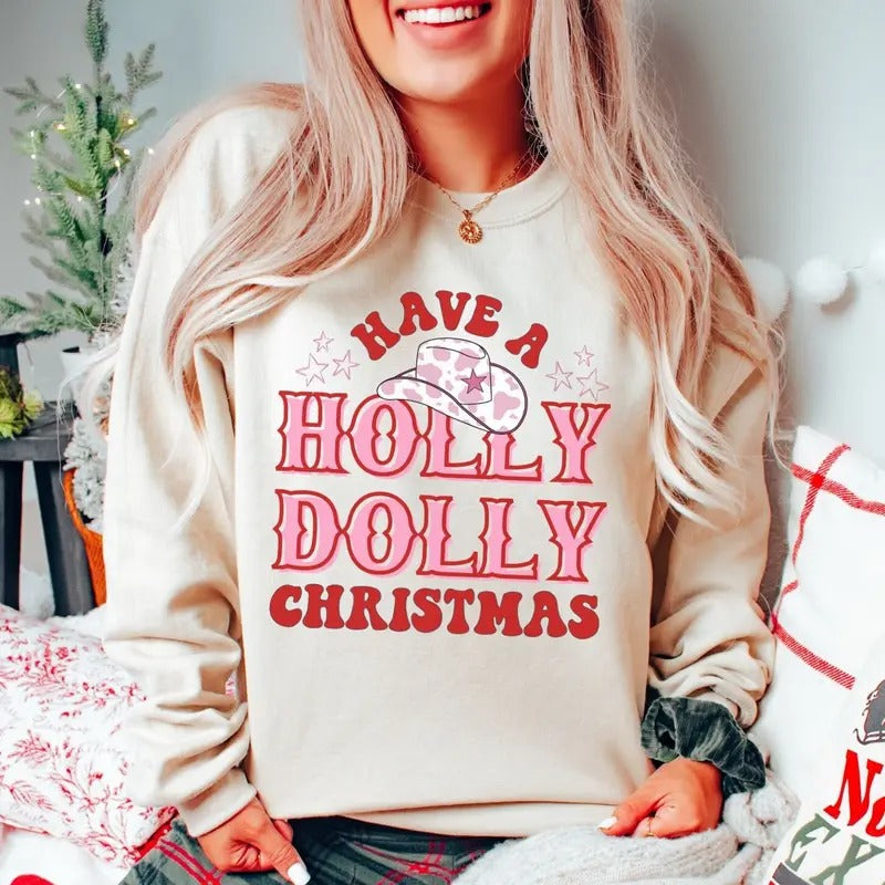 Holly Dolly Christmas Sweatshirt, Western Christmas, Cowgirl Christmas Shirt, Country Christmas Sweater, Best Friend Gift, Family Christmas Cotton Crewneck
