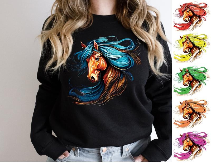 Horse Sweatshirt, Colorful Horse Hair Hoodie, Horse Lover Sweatshirt, Farm Animal Hoodie, Colorful Horse Head Sweater, Gift Sweater For Horse.