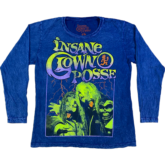 "Lightning Tongue" Womens Long Sleeve T-Shirt In Mineral Wash Blue